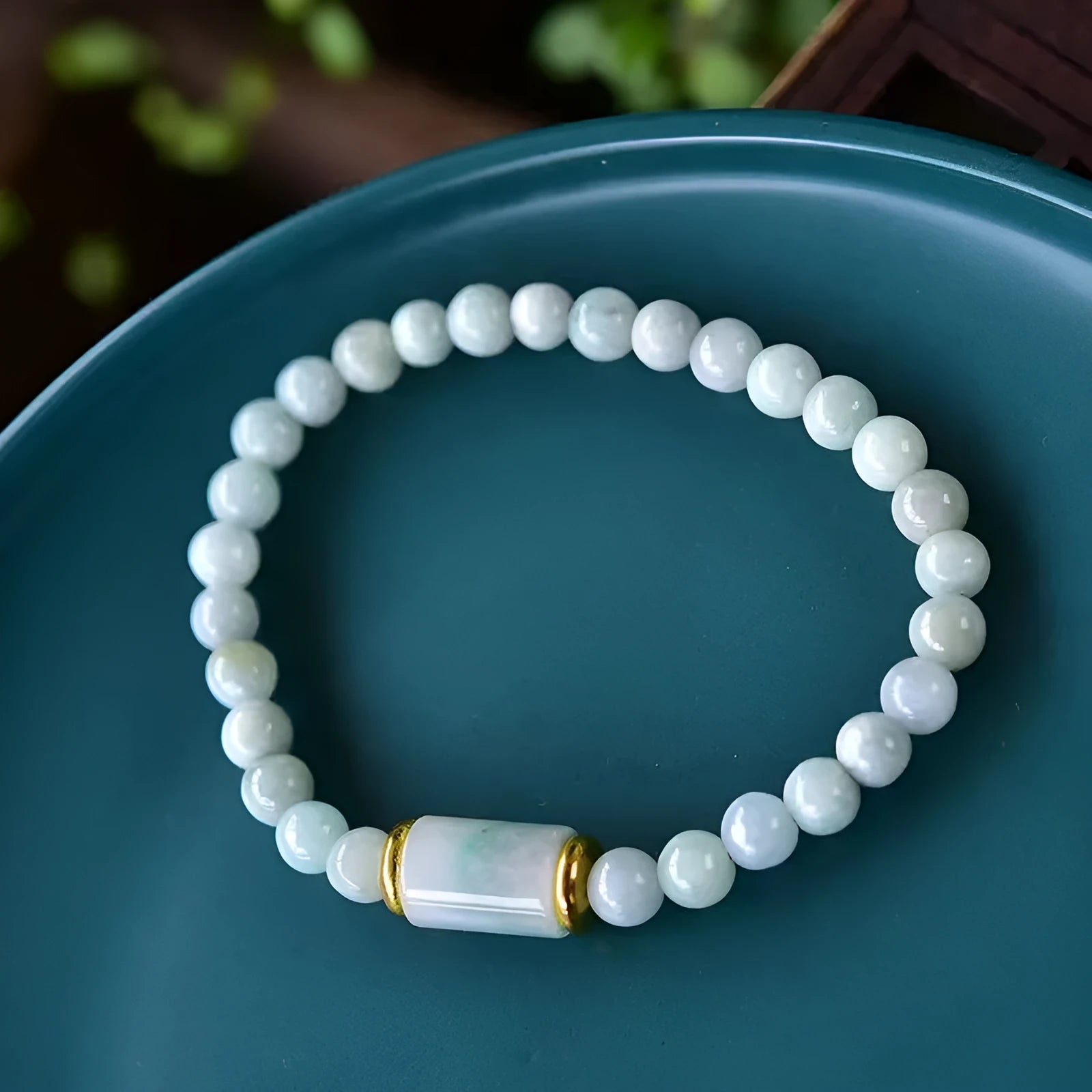 Natural Myanmar jade round ice stone bracelet in emerald green with geometric ethnic style design