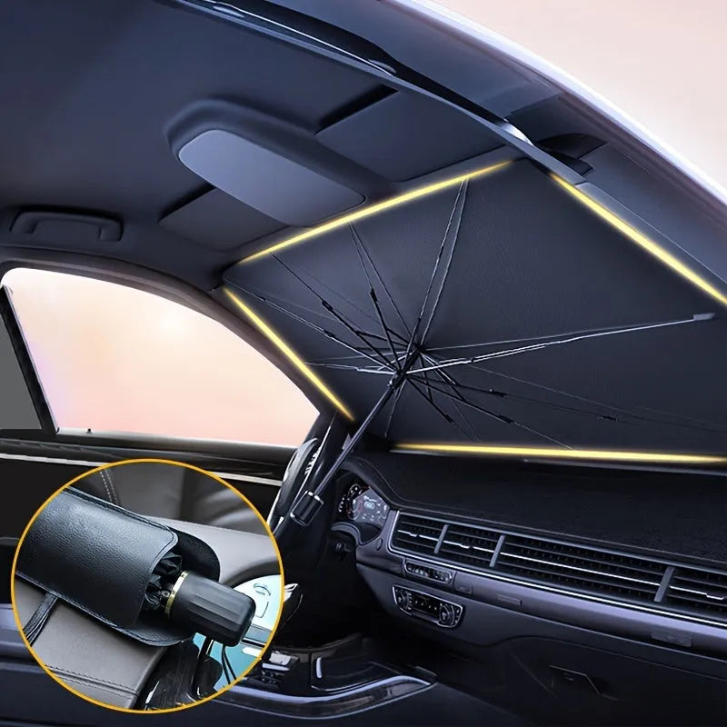 Foldable car windshield sunshade umbrella shown open and folded with automatic rebound button