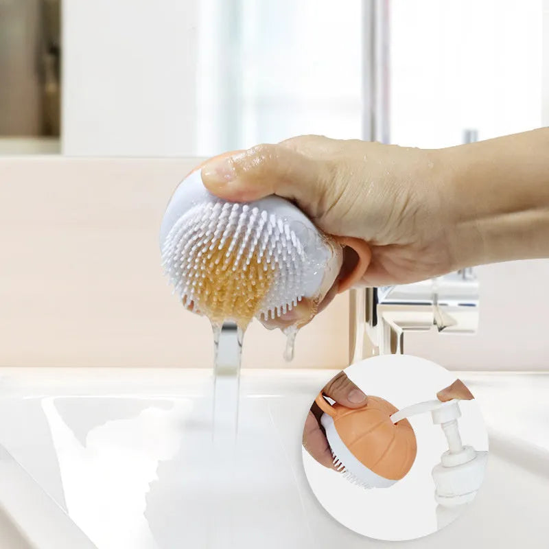 Orange TPR dog bath brush with shampoo dispenser, massage bristles and comb teeth.