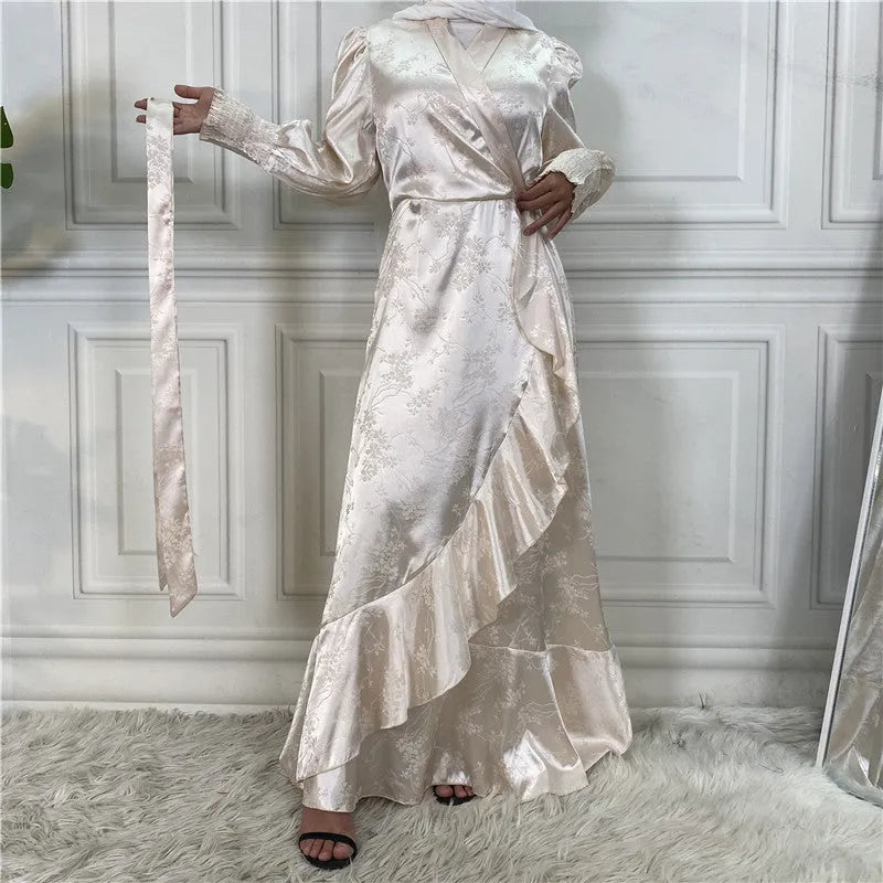 New fashion women's patchwork Muslim dress in satin print, green colour, full-length modest style