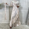 New fashion women's patchwork Muslim dress in satin print, green colour, full-length modest style