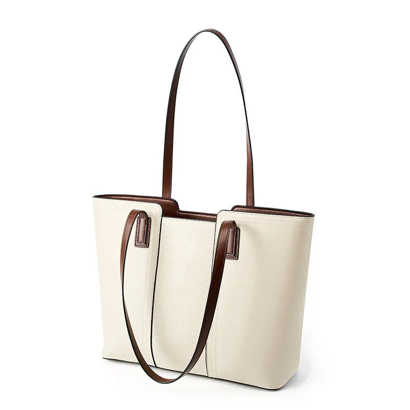 Women's genuine leather commuter shoulder bag with multiple internal compartments in horizontal square shape