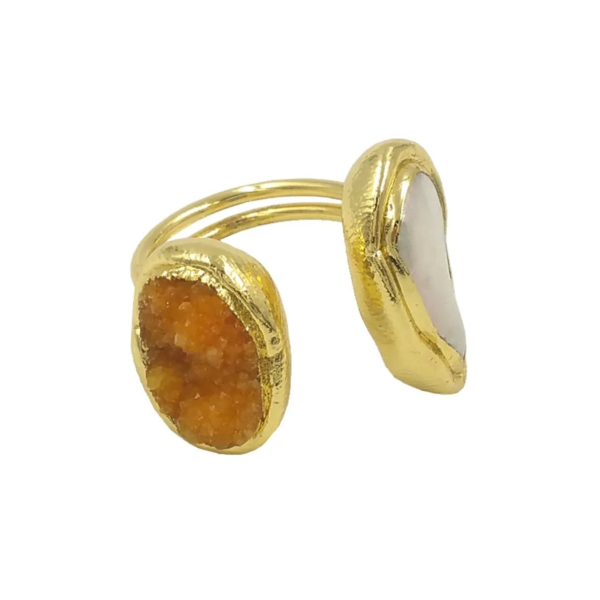 Artistic retro adjustable copper ring for women with geometric double ring style and electroplated finish in yellow colour