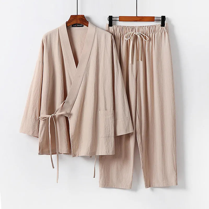 Cotton cardigan Hanfu two-piece suit in apricot, showing shirt-style jacket and wide-leg trousers.