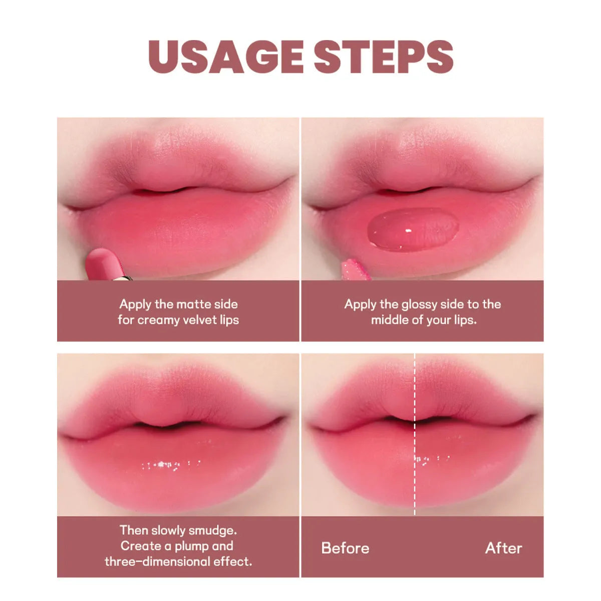 Double-headed lipstick and lip gloss in matte finish showing ten colour options 01 through 10