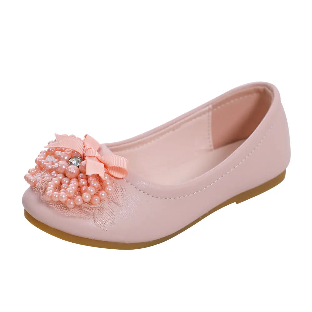 Korean rhinestone princess square mouth shoes for children, PU leather upper, flat heel, beige and pink