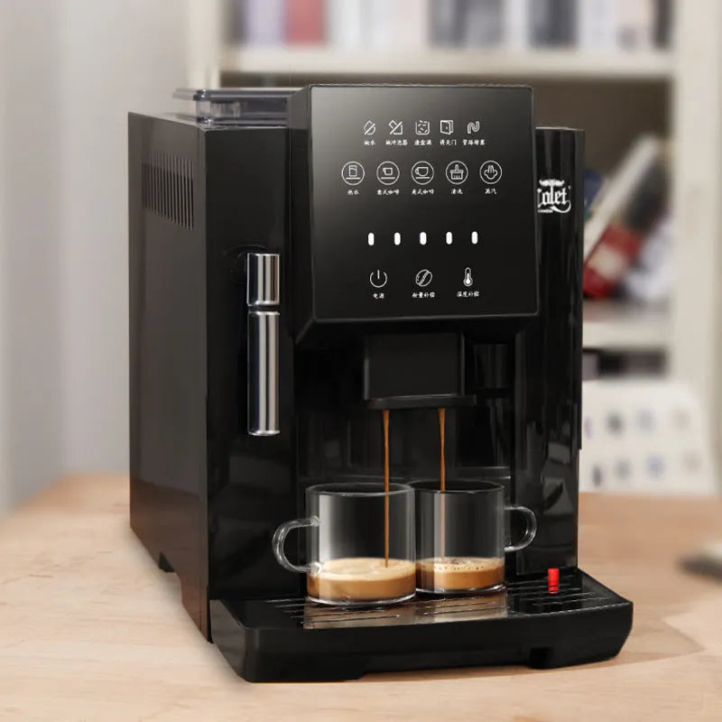 Black automatic small coffee machine with touch screen, 1.8L reservoir, ABS body, industrial style, on countertop