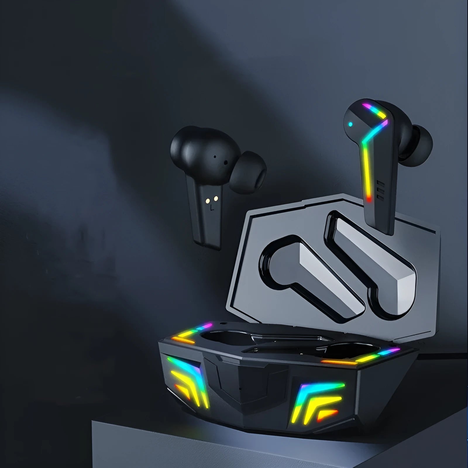 Small black TWS Bluetooth headset with earplug design for sports and gaming