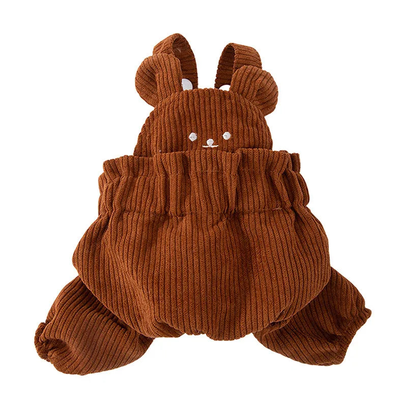 Brown corduroy four-legged pet overalls with bunny back detail for small dogs, front view