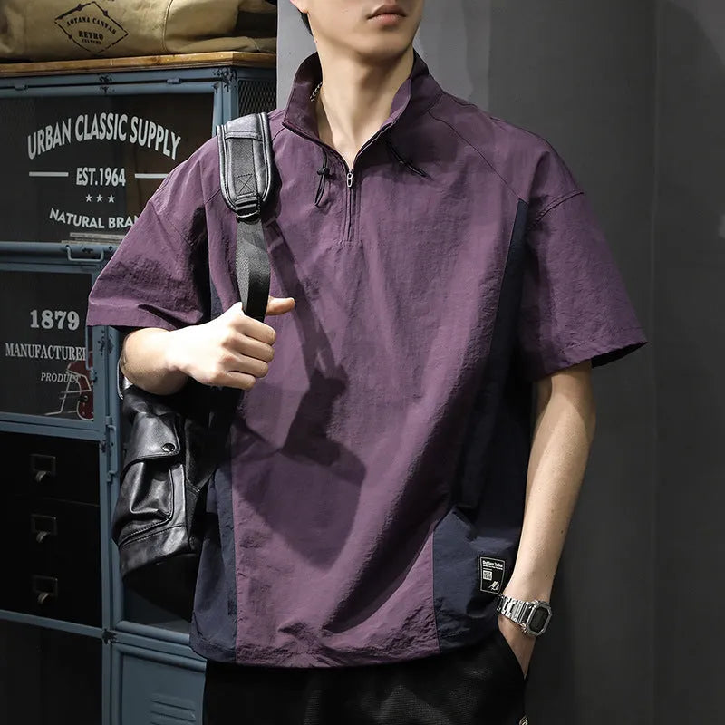 Brown men's half-zip stand collar short-sleeved T-shirt made from Ice Silk fabric.