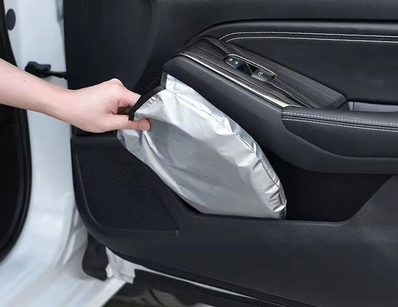 Silver aluminium foil car sunshade shown in two size options.