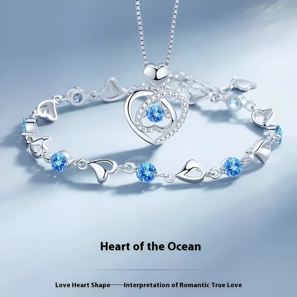 Blue beating heart necklace and bracelet set with mixed gem inlay on electroplated copper