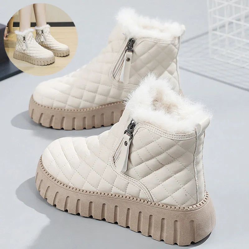 Women's plaid pattern platform ankle boots with side zipper and plush lining in khaki