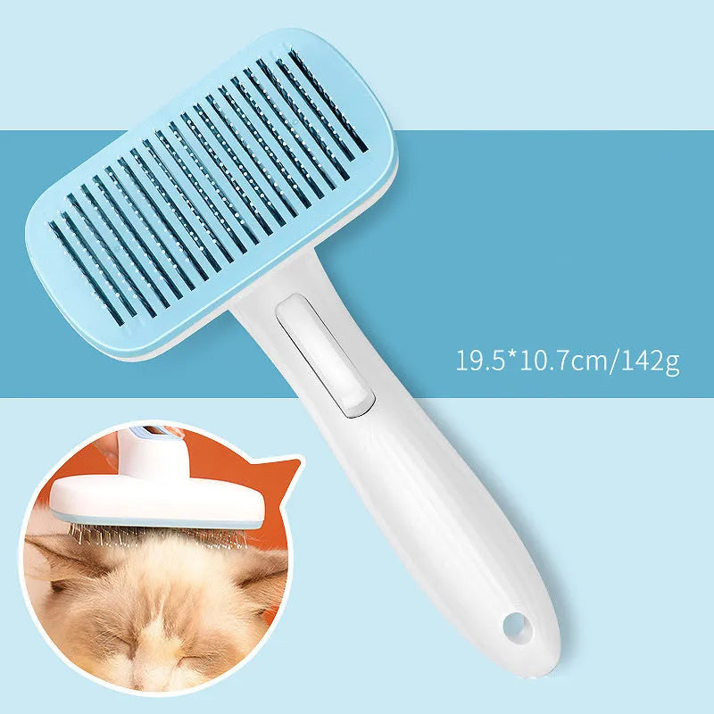 Automatic pet hair removal comb for dogs and cats showing colour options and compact size