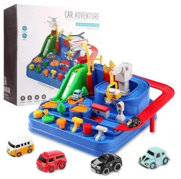 Plastic toy car track set showing adventure parking lot rail system for kids vehicle play
