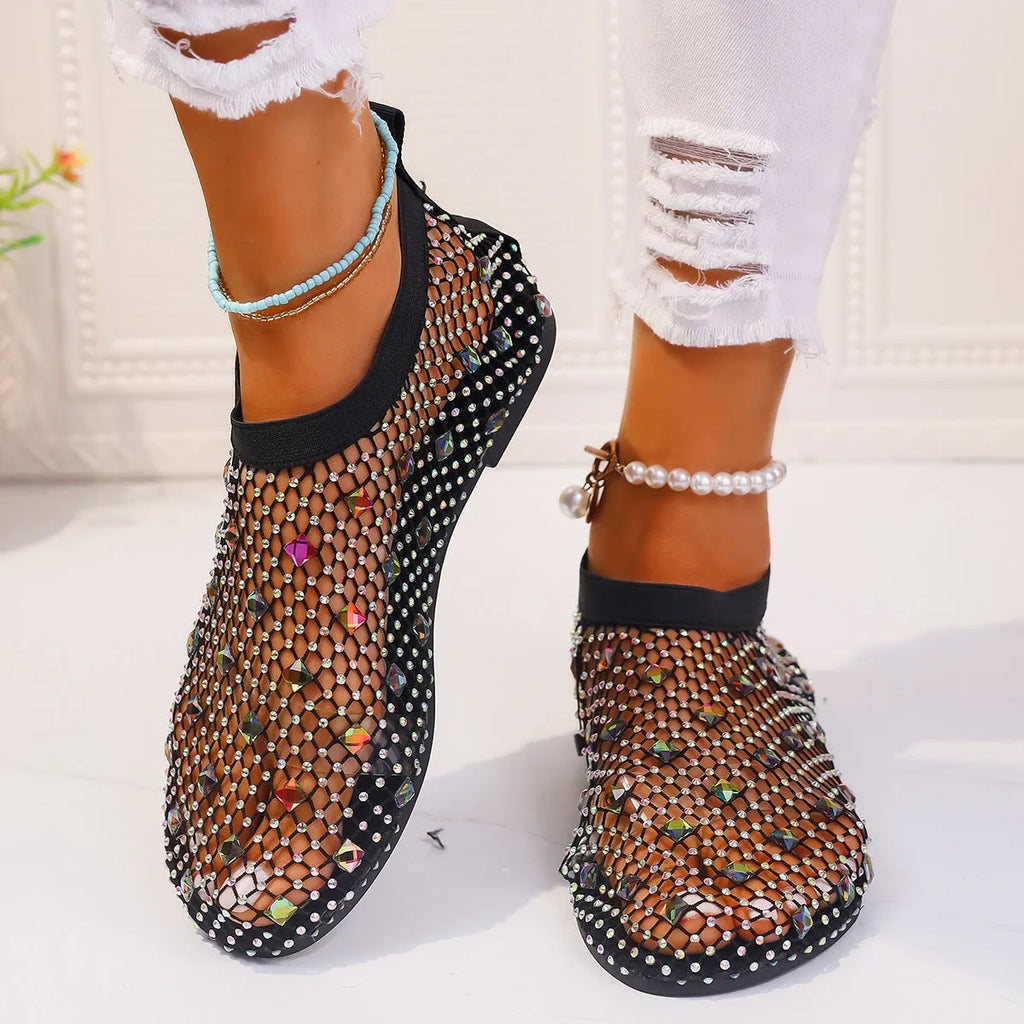 Women's colourful rhinestone mesh flat sandals with round toe and rubber sole