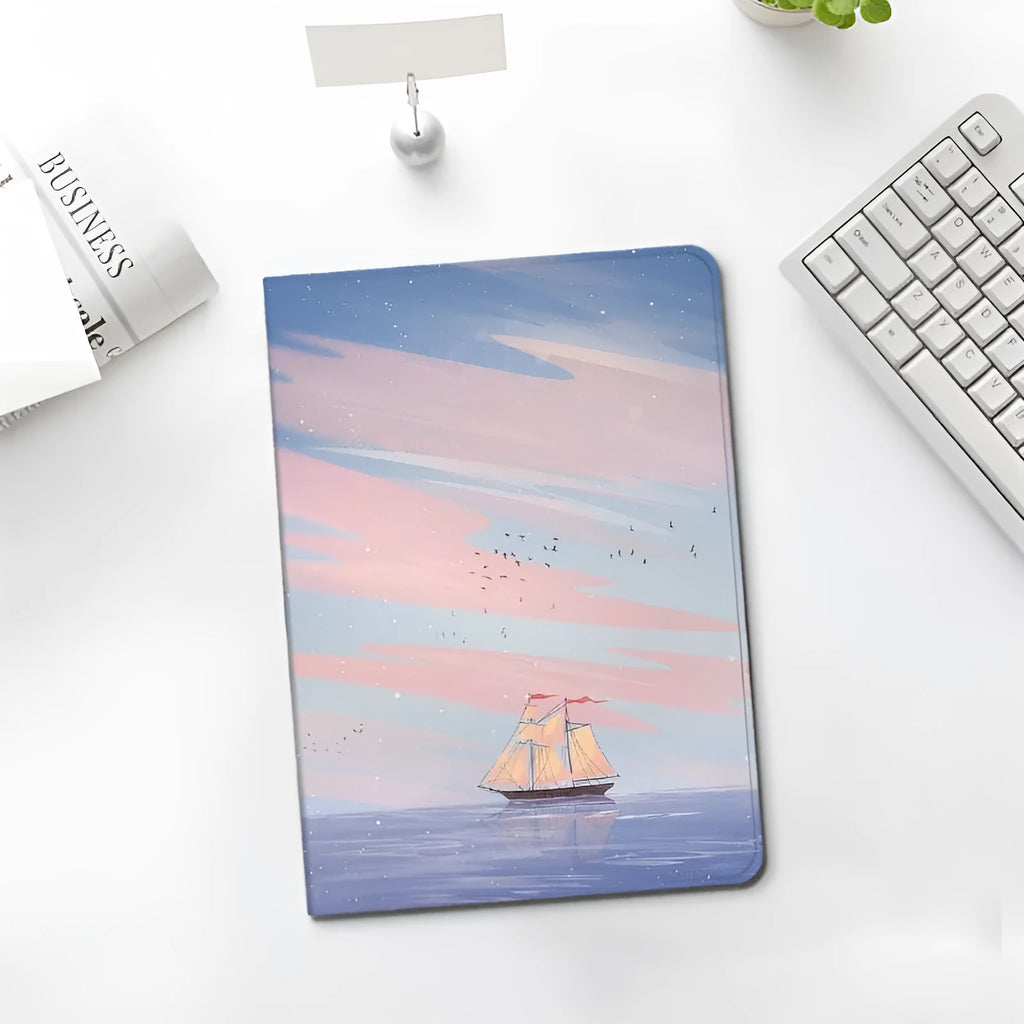 Silicone dreamy painting style sailing cover for iPad with sailboat design, book style case