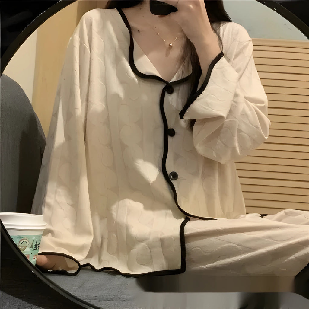 Sweet And Simple Cardigan Pajamas in cloud cotton with cartoon print, long sleeves, and matching trousers