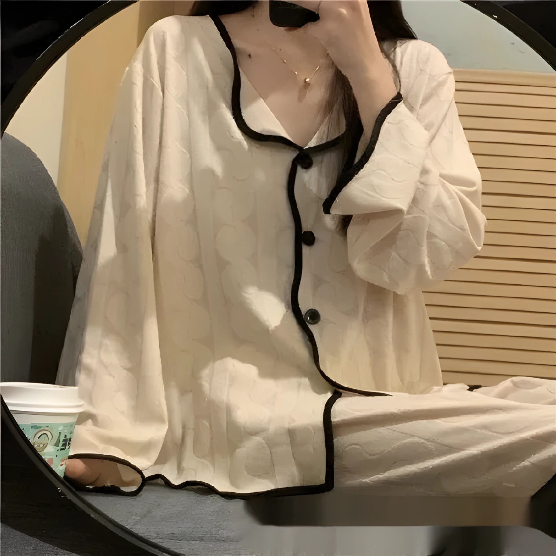 Sweet And Simple Cardigan Pajamas in cloud cotton with cartoon print, long sleeves, and matching trousers