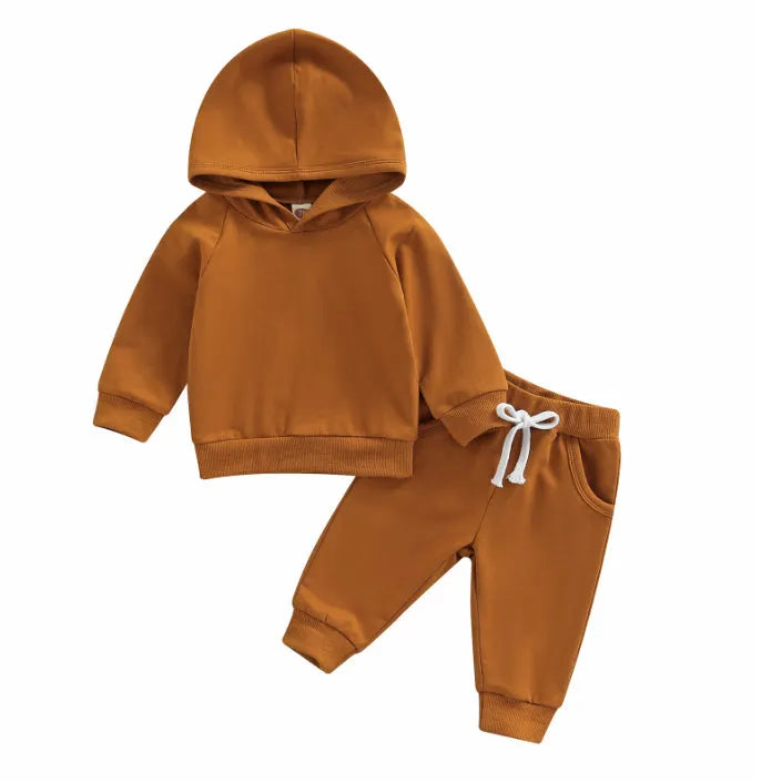 Boys solid colour hooded long sleeve sweater and trousers suit in cotton, available in apricot light brown olive green for 70-110cm height