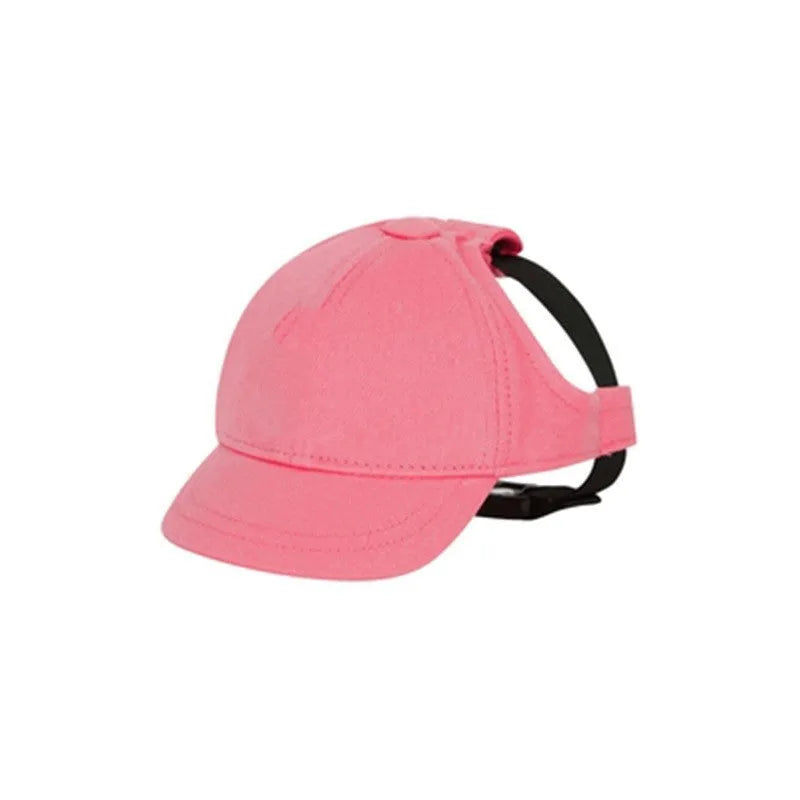 Adjustable cotton pet baseball cap with exposed ears, shown in apricot, blue, milk blue, purple or black