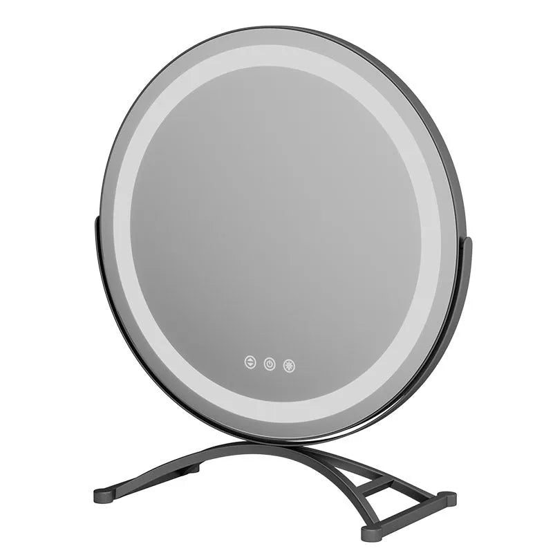 Rotating dressing table mirror with metal frame and LED charging light in black, 40cm diameter