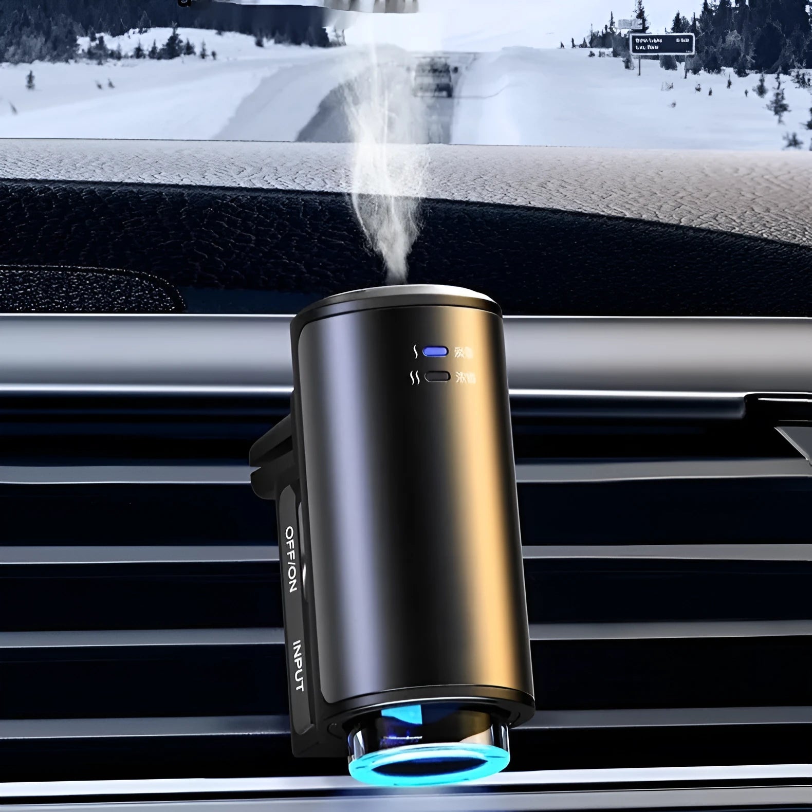 Smart car vent clip aroma diffuser in obsidian black with three bottles of essential oil