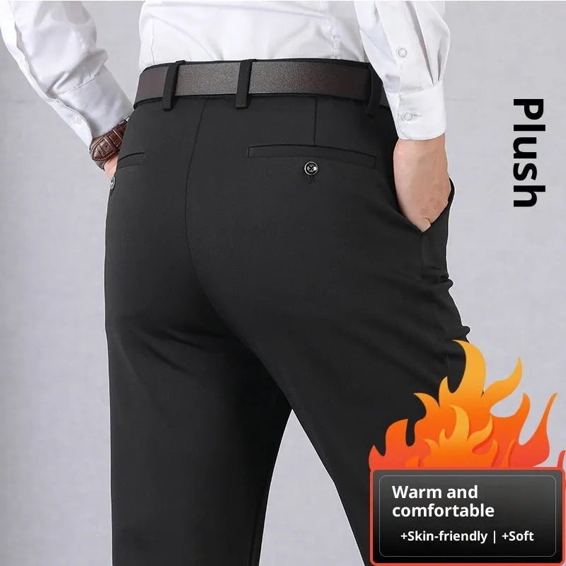 Elastic high-waist loose fit polyester suit trousers for elderly men in solid colour