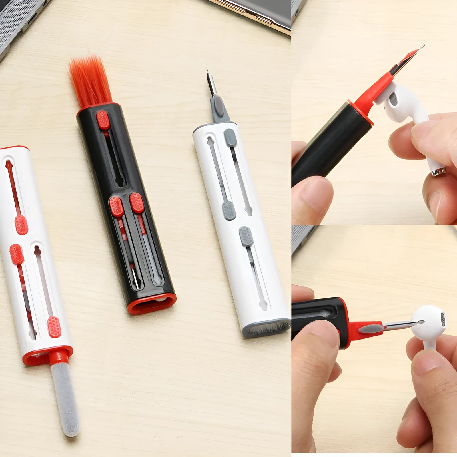 White and red AirPods cleaning pen with brush heads and flocking sponge for wireless earphone case cleaning