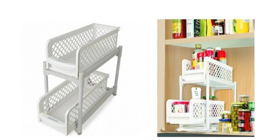 White plastic two-tier desktop storage rack 41.5x19.3x9.3cm on countertop with toiletries