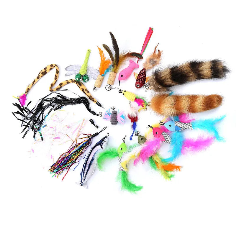 Cat teasing fishing rod toy with feather lures and interchangeable heads for interactive indoor play