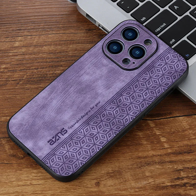 Imitation leather phone case with embossed pattern for Apple iPhone 14 to 17 series in blue