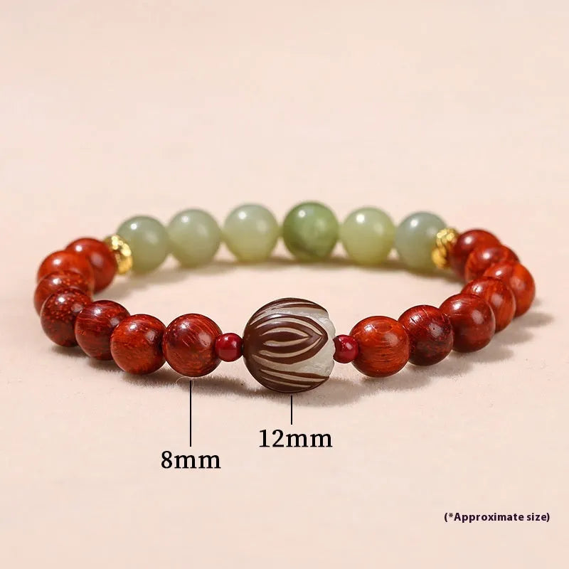 Red rosewood and gray jade Bodhi lotus bracelet with 12mm beads and Chinese style design