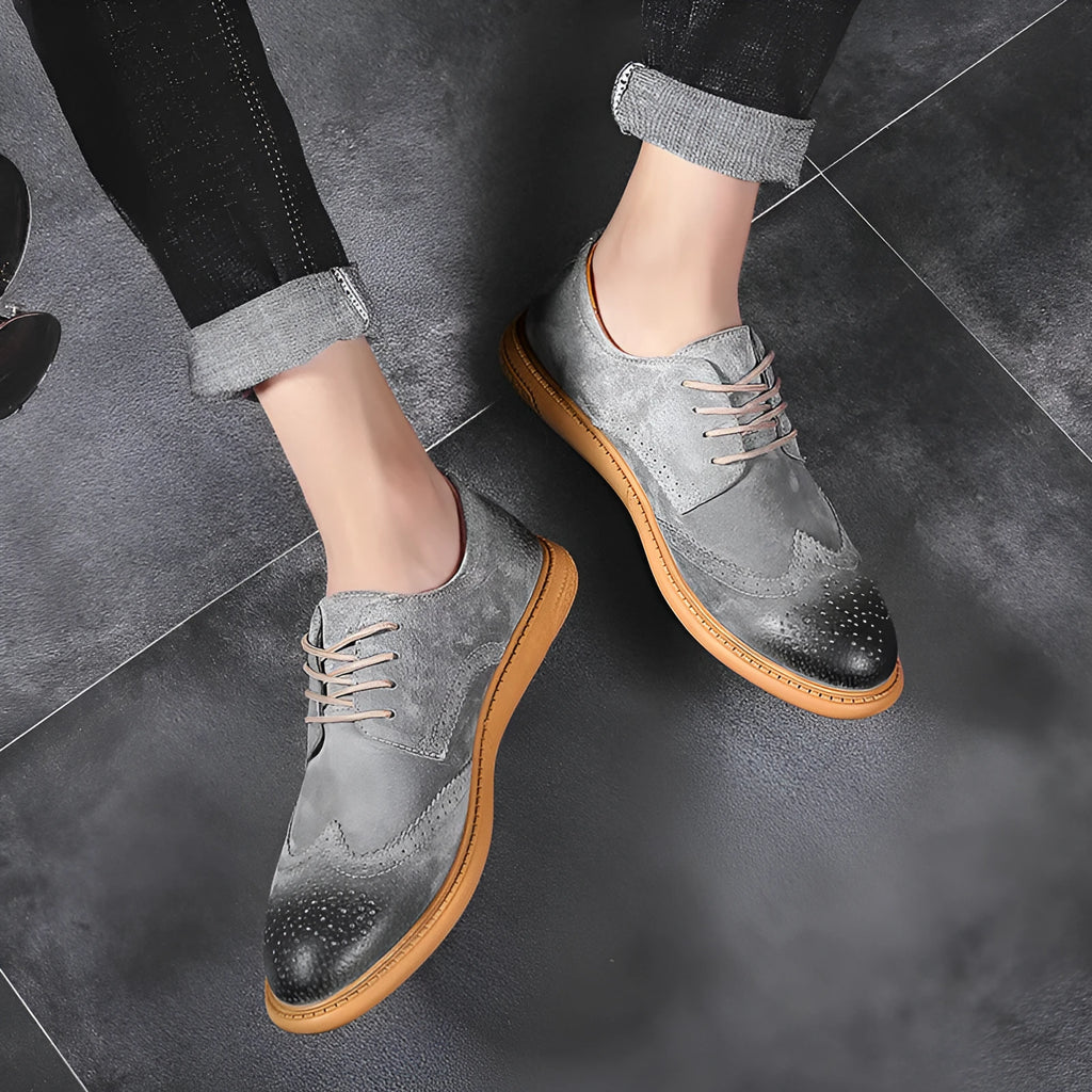 Men's black genuine cowhide leather lace-up business shoes with stitched detail and rubber sole.