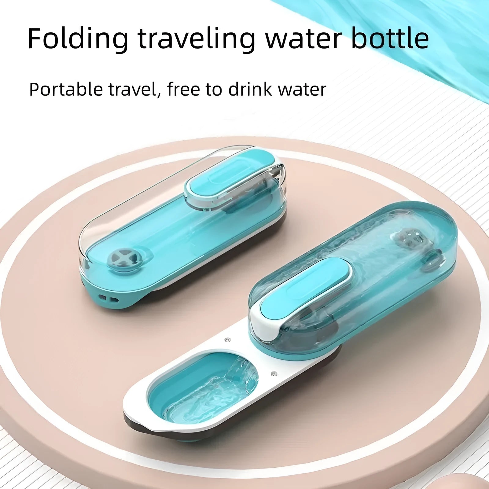 Blue portable dog water bottle with foldable drinking bowl extended, for outdoor use.