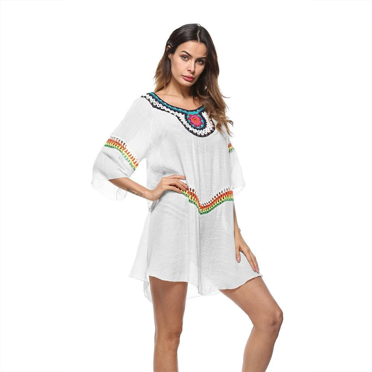 Crocheted ethnic style beach cover-up top in apricot colour for sun protection