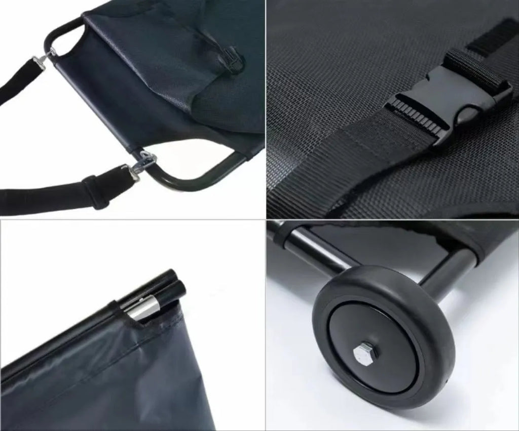 Large black aluminium alloy foldable pet stretcher for emergency dog transport.