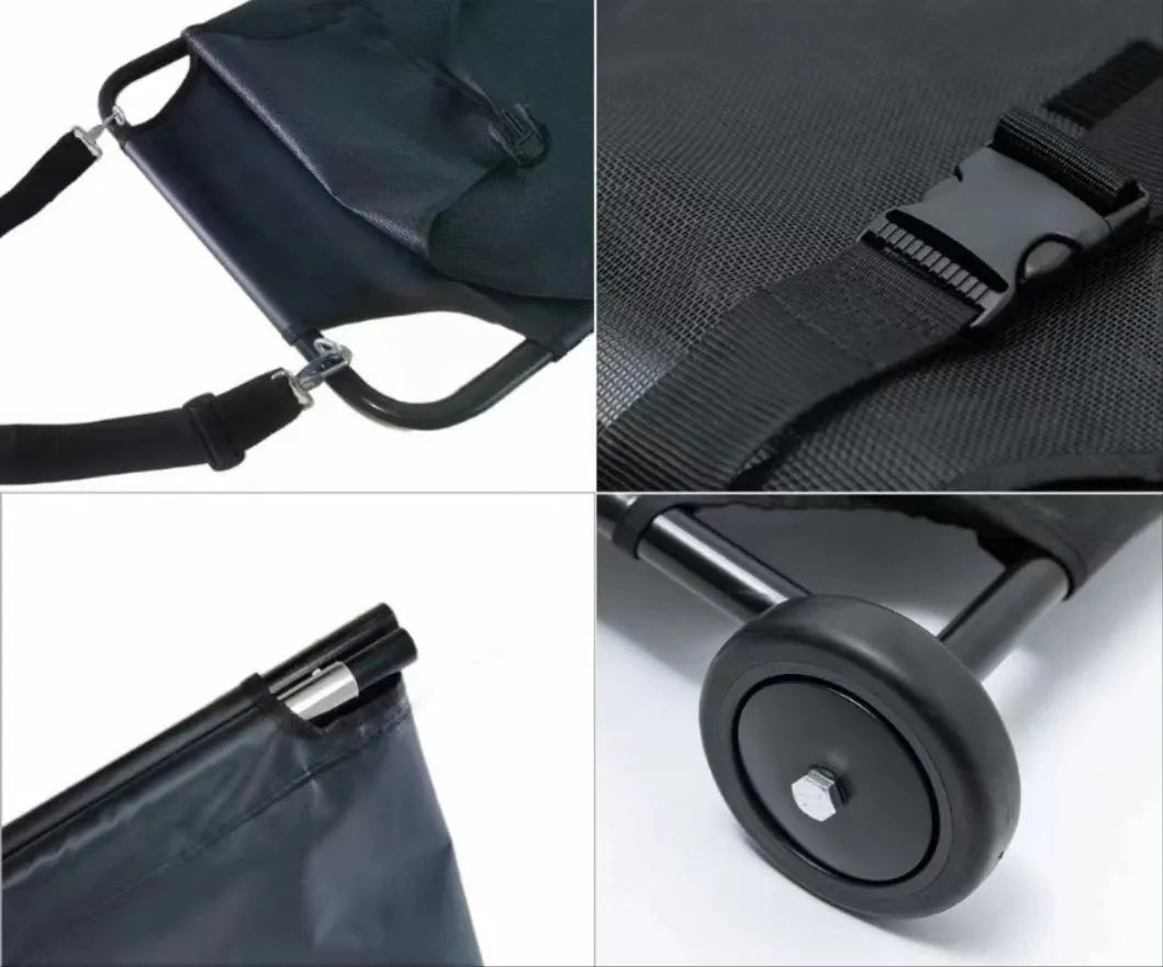Large black aluminium alloy foldable pet stretcher for emergency dog transport.