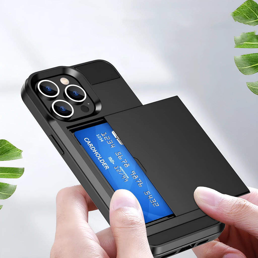 Solid colour plastic slide card phone case for iPhone 14 Max with card slot on back