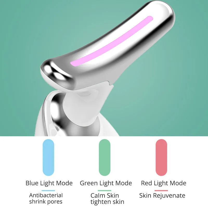 White EMS thermal neck lifting massager device with LED lights and charging cable