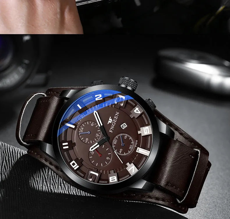 Casual waterproof watch with nubuck leather strap, black shell, 40.5mm dial, perspective window
