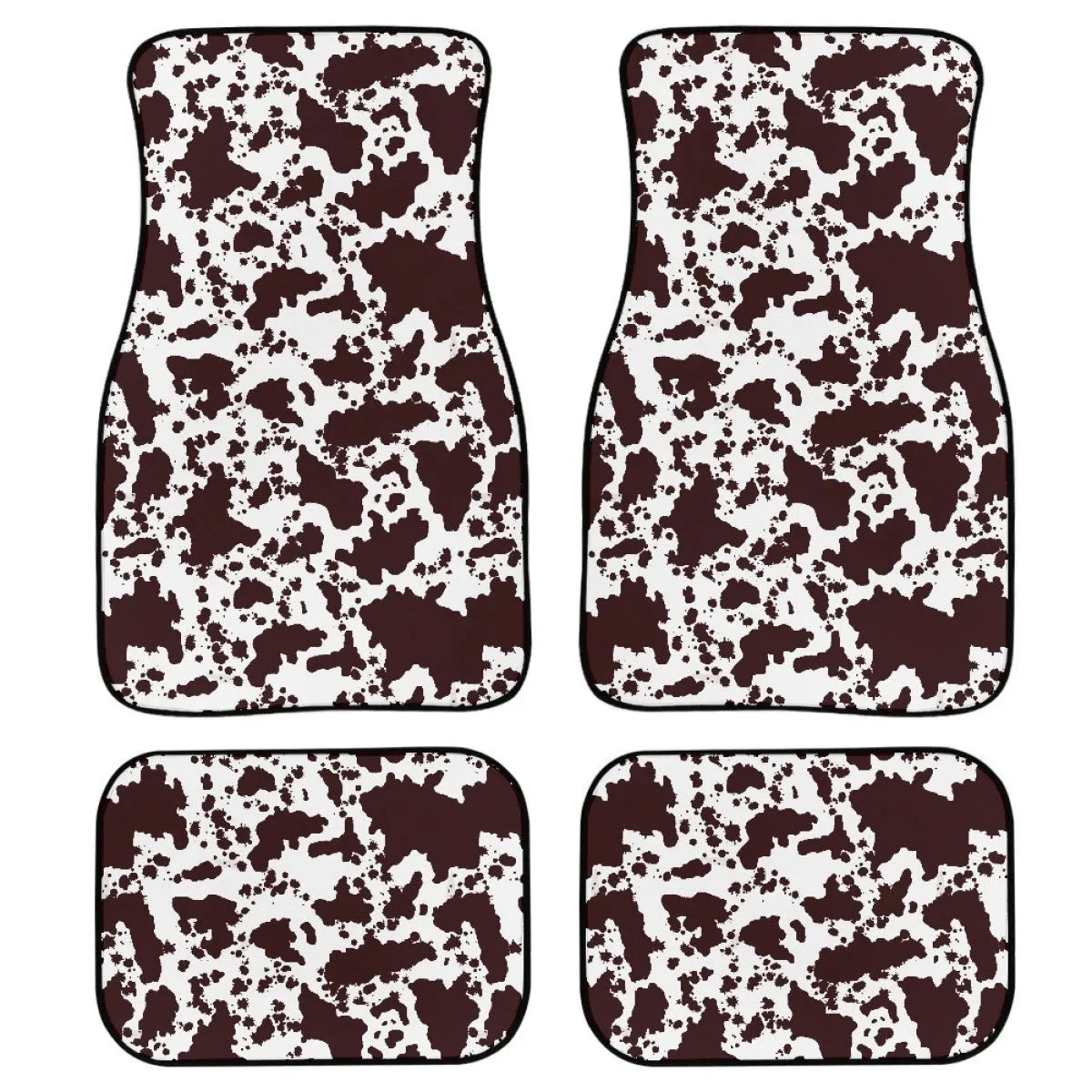 Black four-piece rubber car foot mat set with textured surface, shown on a car floor.
