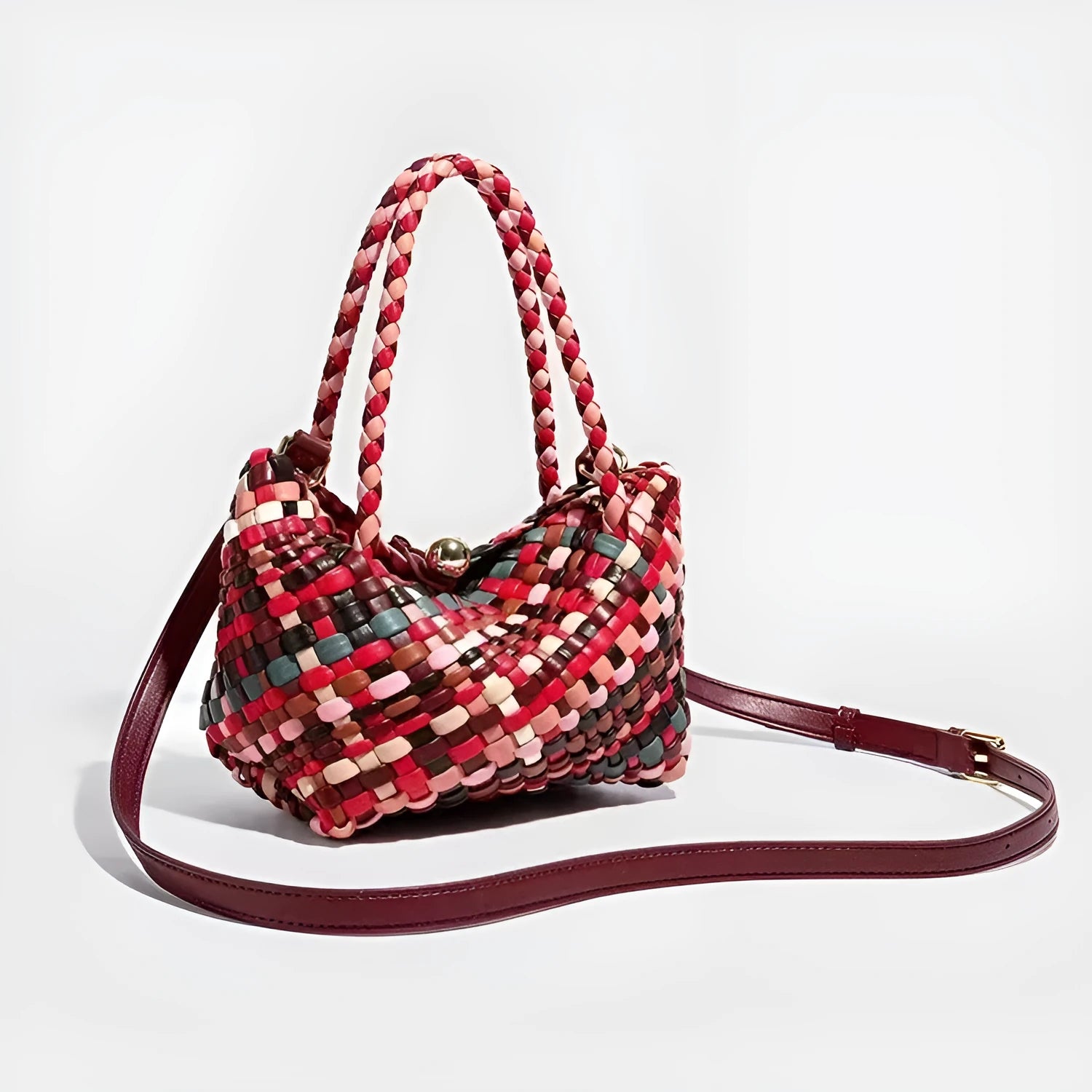 Women's colour handmade woven shoulder bag with PU construction measuring 18×11×14cm