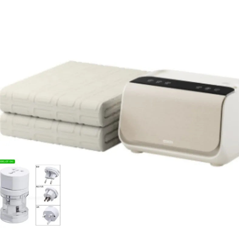 Aideng white electric water blanket with capsule design shown in two bed sizes