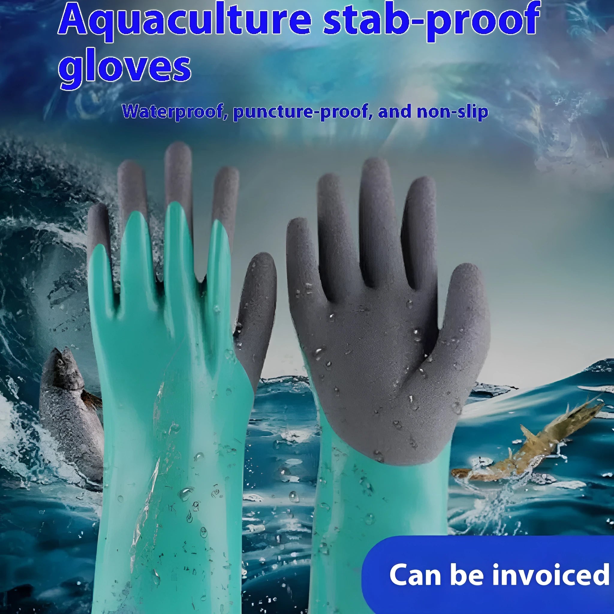 Navy blue nitrile work gloves shown in short and lengthened styles for fishing protection.