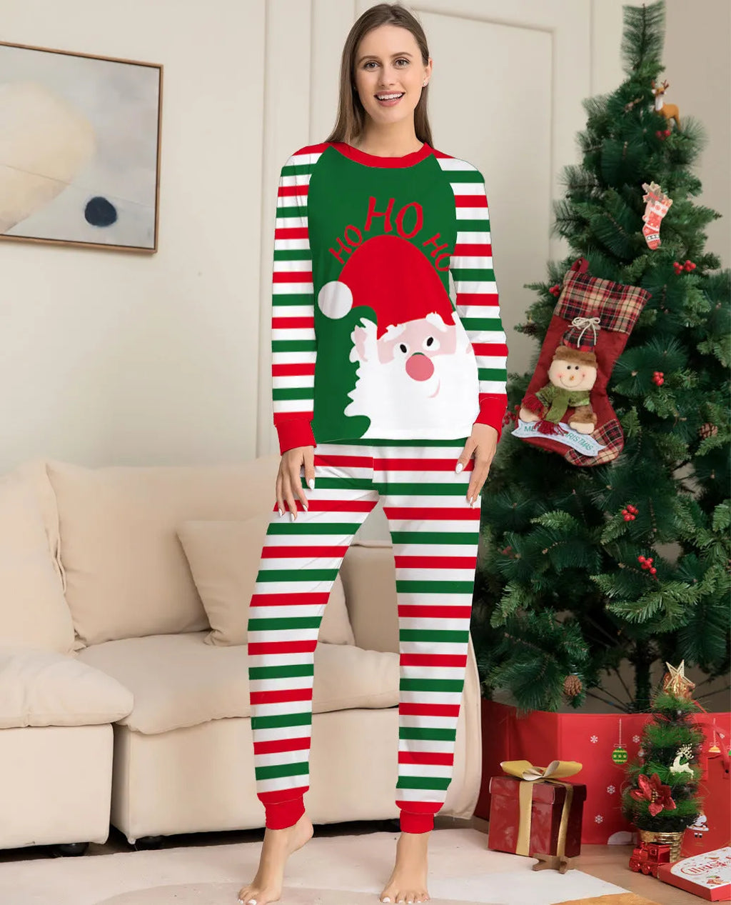 Family Christmas pyjama set in red stripe pattern with cotton long sleeves, available in sizes from baby to adult and dog