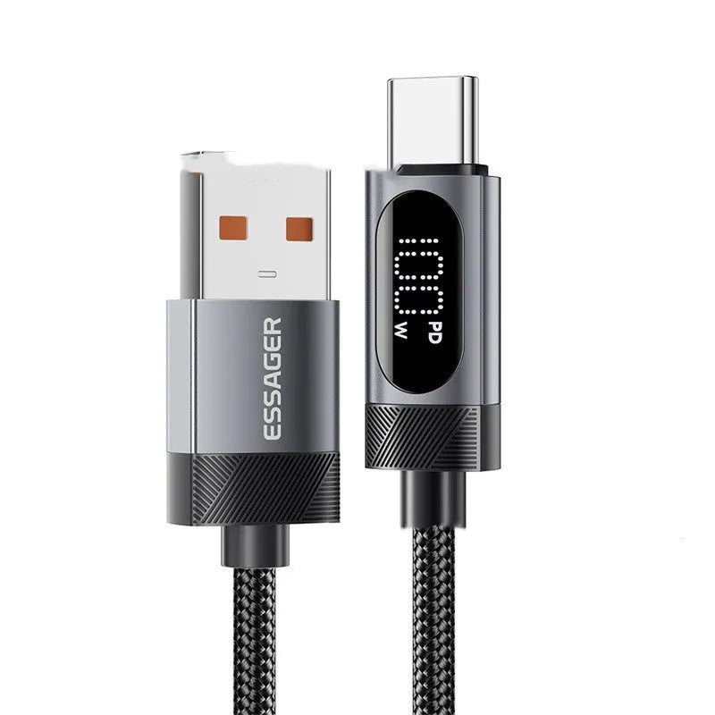Silver grey aluminium alloy digital display data cable with Type-C connector and LED display showing charging status