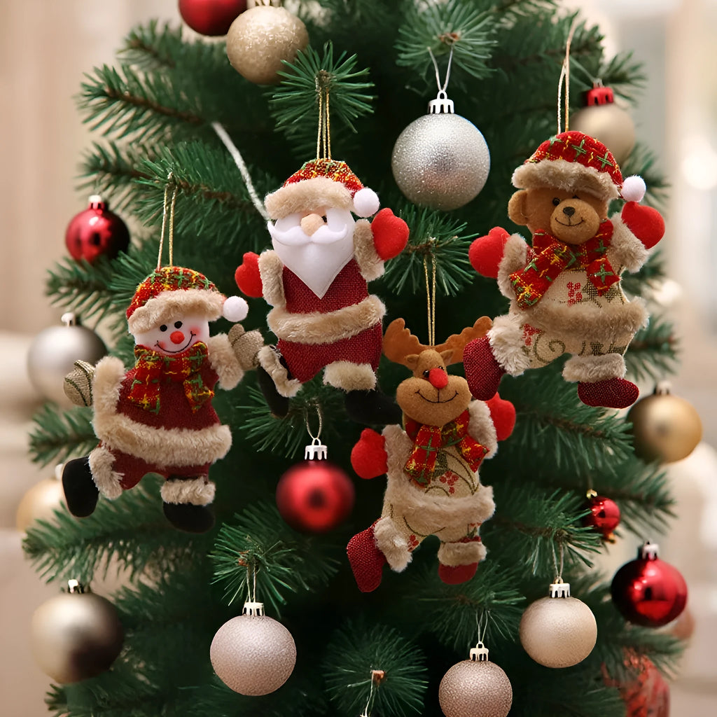 Set of four Christmas tree ornaments featuring Santa, snowman, reindeer and bear figures with red and white scarves