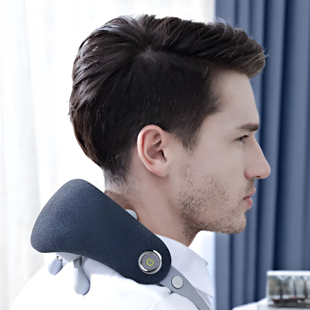 Rechargeable neck massager in dark blue with imitation hand grip and heat function on a home surface