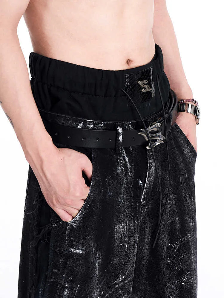 Black men's leather belt with metal letter detail, showing buckle and 110cm length.